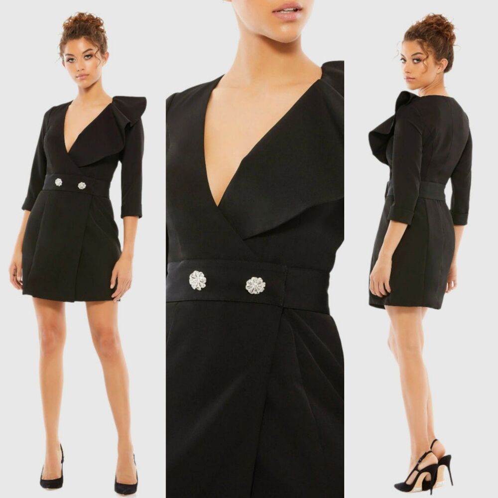 Mac Duggal Black Ruffled Faux Tuxedo 3/4 Sleeve Size14 Mini Dress 55692 New